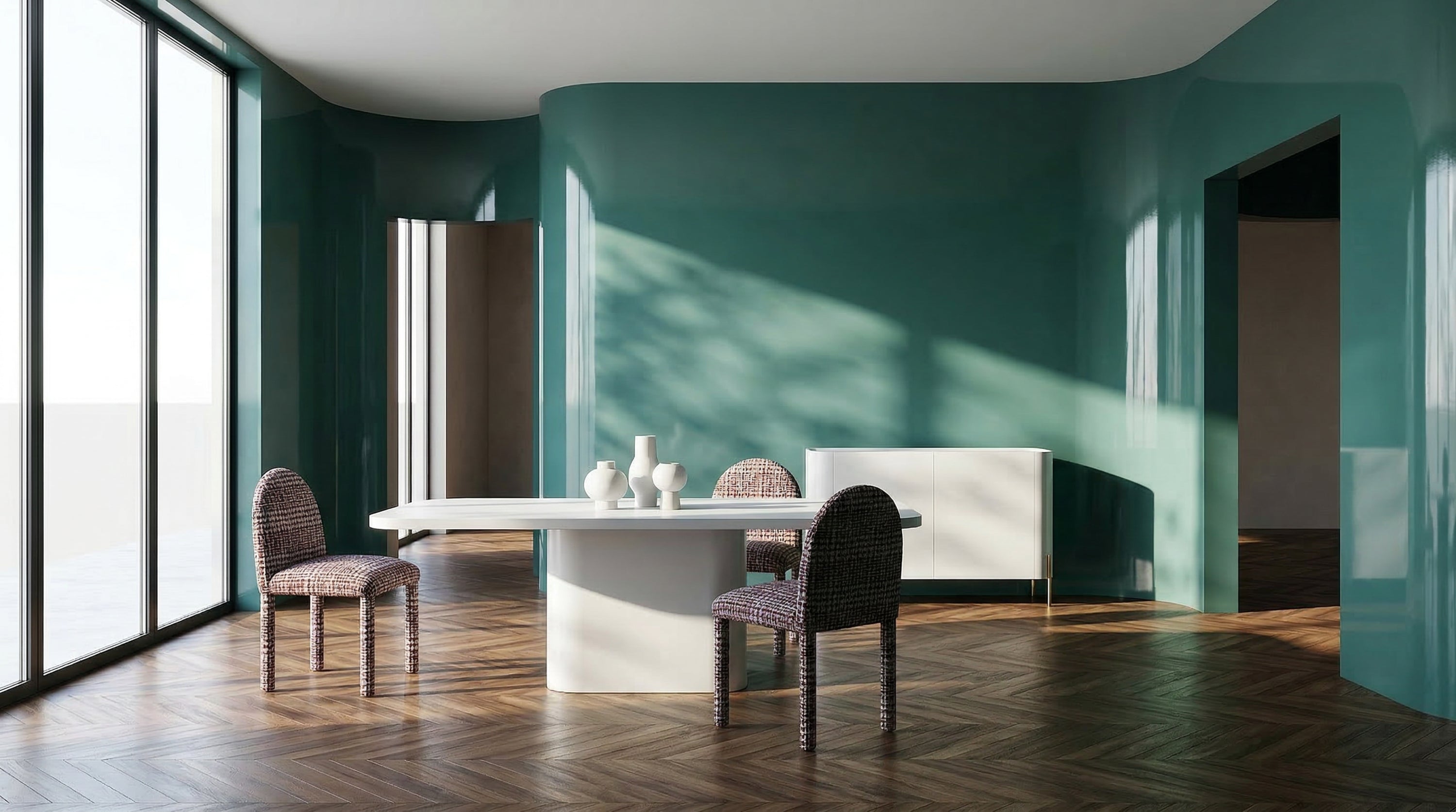 Atom Dining Table - Latte in room - angle 4.0